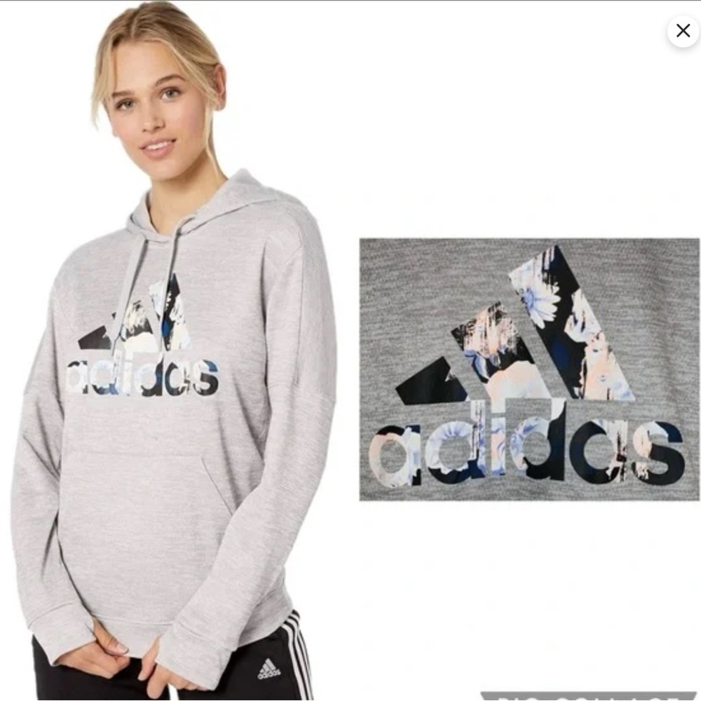 Adidas Floral Badge of Sport gray hoodie with floral print logo Size Medium